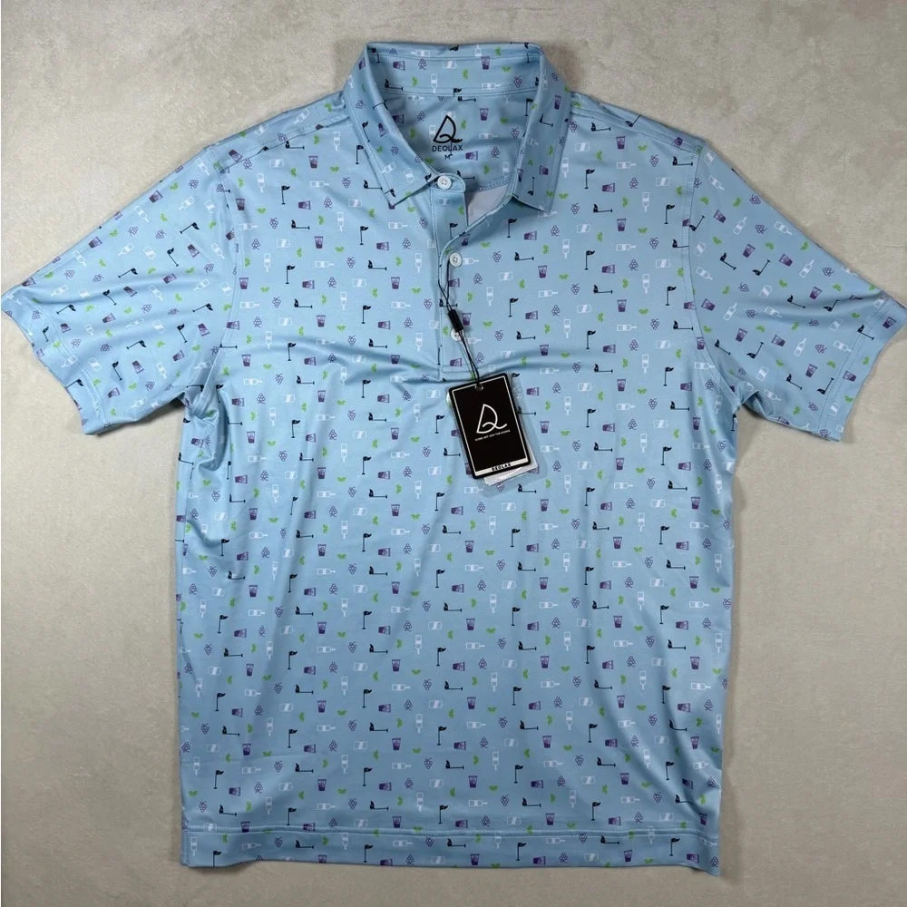 NWT Deolax Medium All Over Print Golf and Drinks Blue Performance Polo Shirt